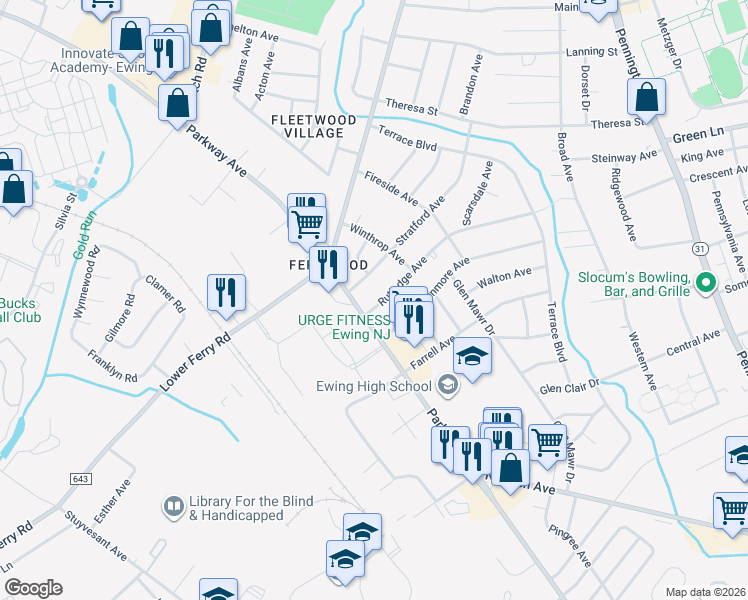 map of restaurants, bars, coffee shops, grocery stores, and more near 3 Stratford Avenue in Ewing Township