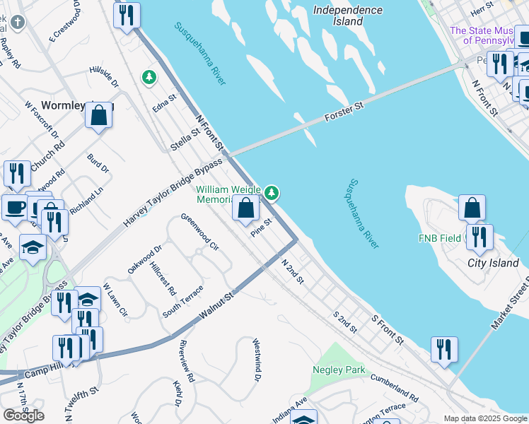 map of restaurants, bars, coffee shops, grocery stores, and more near 308 North Front Street in Wormleysburg