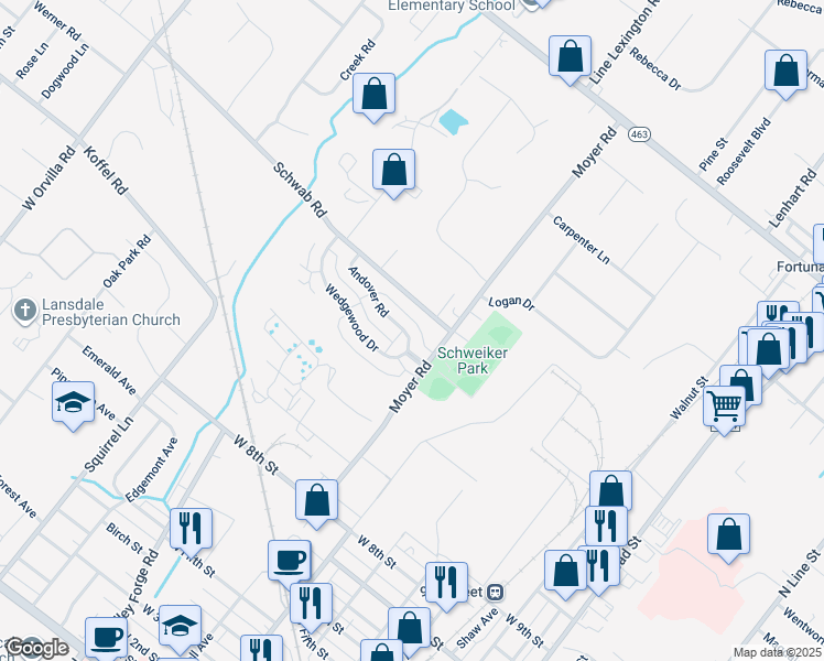 map of restaurants, bars, coffee shops, grocery stores, and more near 835 Andover Road in Lansdale