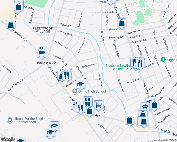 map of restaurants, bars, coffee shops, grocery stores, and more near 12 Walton Avenue in Ewing Township