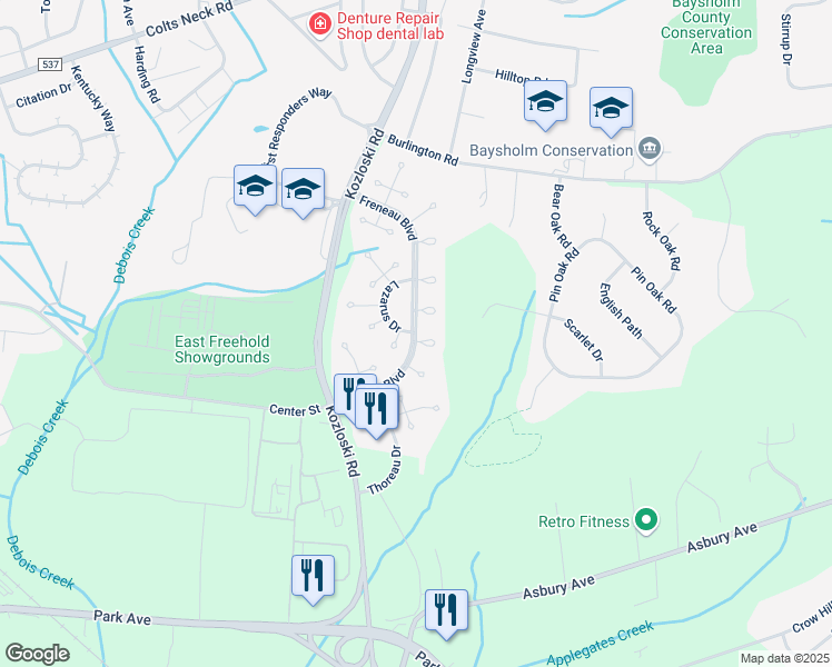 map of restaurants, bars, coffee shops, grocery stores, and more near Freneau Boulevard & Lazarus Drive in Freehold