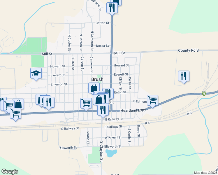 map of restaurants, bars, coffee shops, grocery stores, and more near 501 Colorado Avenue in Brush