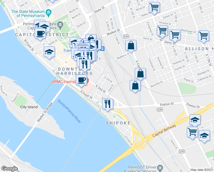map of restaurants, bars, coffee shops, grocery stores, and more near 205 South 2nd Street in Steelton