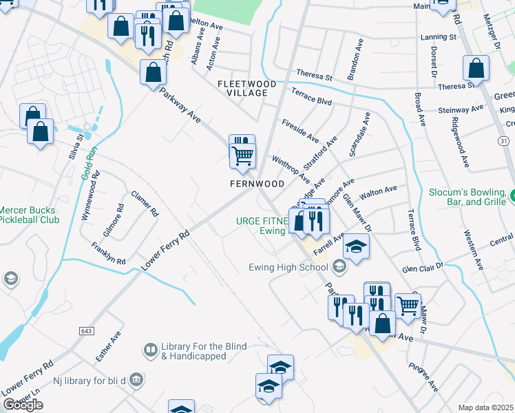 map of restaurants, bars, coffee shops, grocery stores, and more near 1035 Parkway Avenue in Trenton
