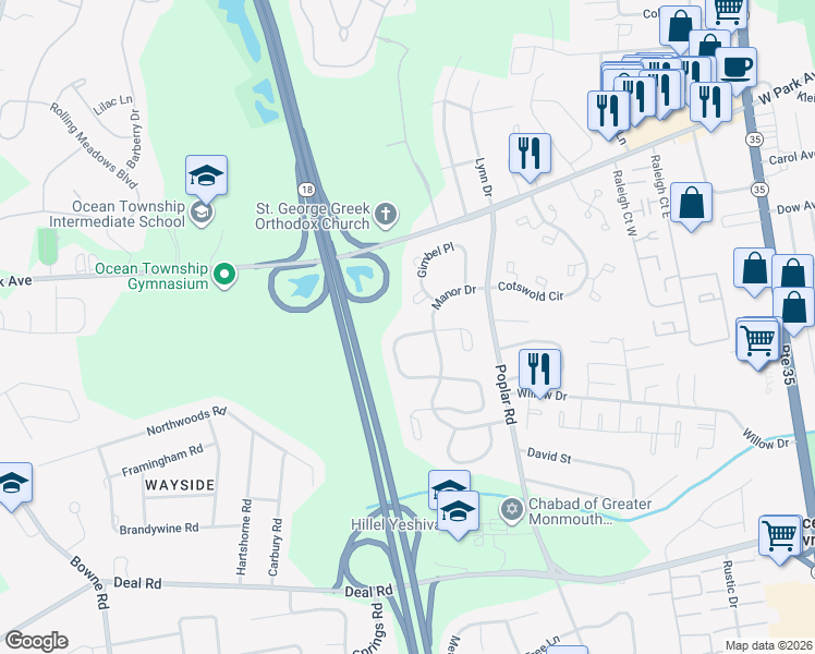 map of restaurants, bars, coffee shops, grocery stores, and more near 93 Gimbel Place in Monmouth County