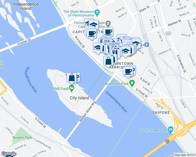 map of restaurants, bars, coffee shops, grocery stores, and more near 161 Walnut Street Bridge in Harrisburg