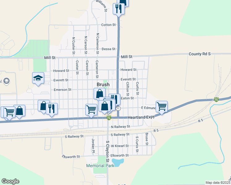 map of restaurants, bars, coffee shops, grocery stores, and more near 501 Colorado Avenue in Brush