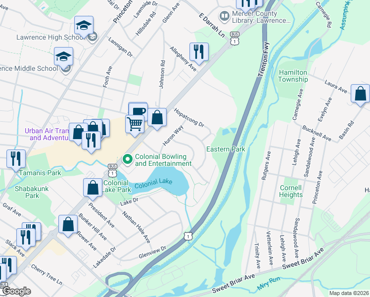 map of restaurants, bars, coffee shops, grocery stores, and more near 6 Winnipeg Lane in Lawrence Township