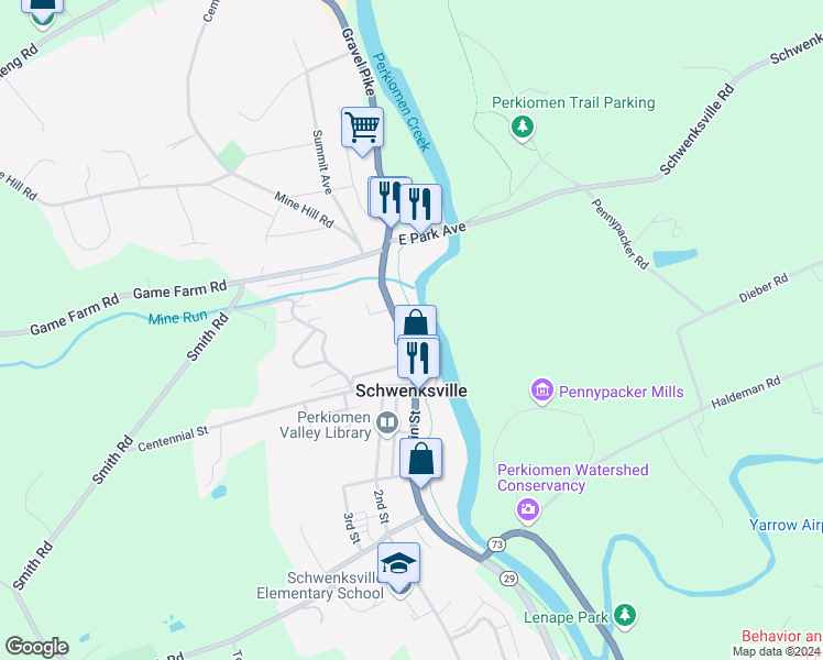map of restaurants, bars, coffee shops, grocery stores, and more near 1188 Gravel Pike in Schwenksville