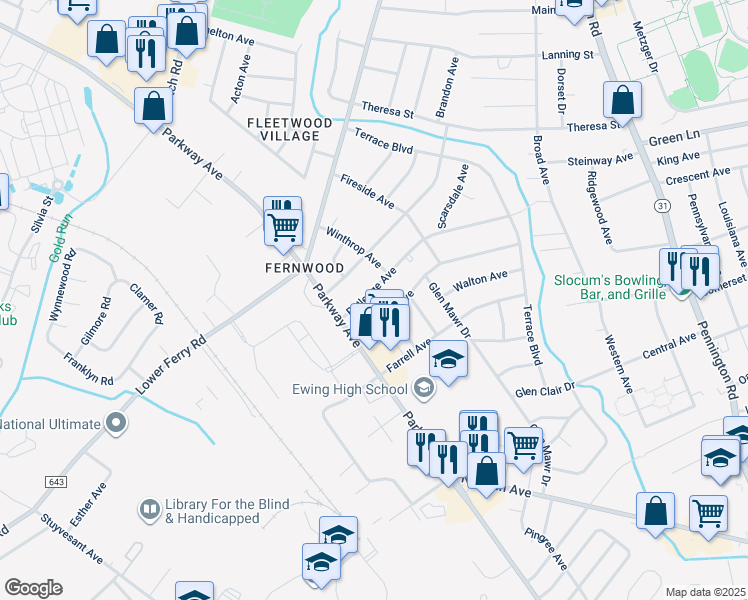 map of restaurants, bars, coffee shops, grocery stores, and more near 12 Rutledge Avenue in Ewing Township