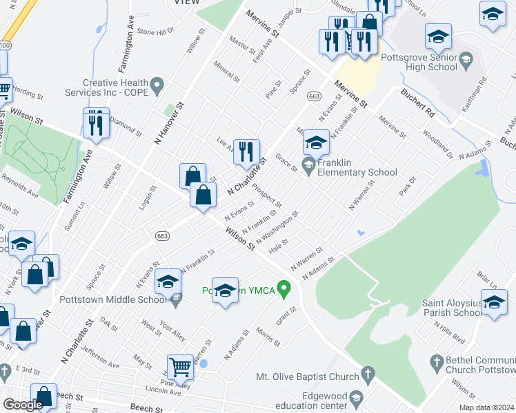 map of restaurants, bars, coffee shops, grocery stores, and more near 862 North Evans Street in Pottstown