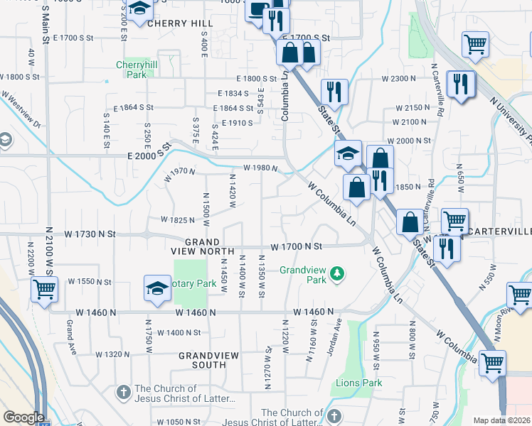 map of restaurants, bars, coffee shops, grocery stores, and more near 1812 North 1350 West Street in Provo