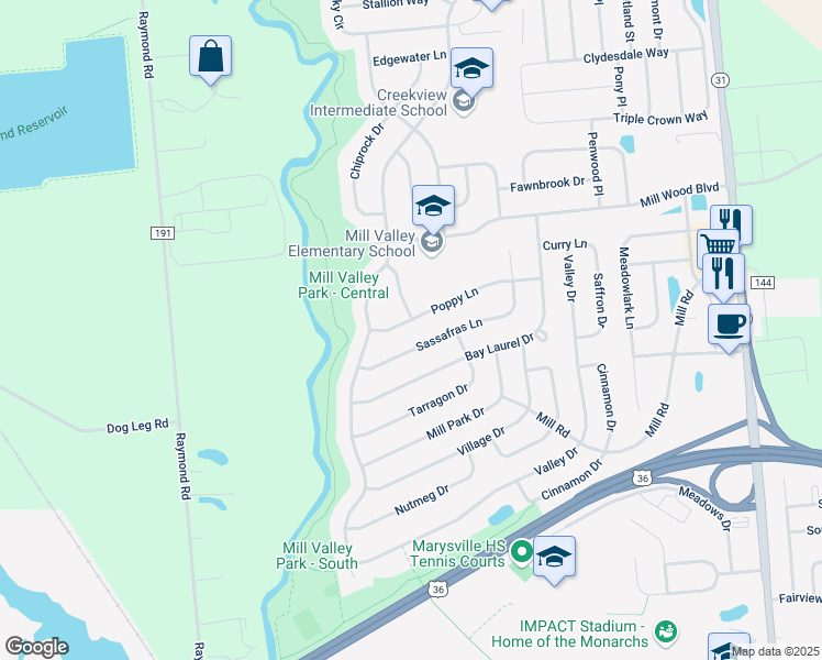 map of restaurants, bars, coffee shops, grocery stores, and more near 1702 Caraway Lane in Marysville