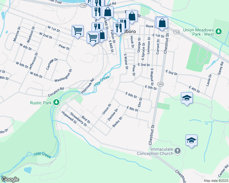 map of restaurants, bars, coffee shops, grocery stores, and more near 371 Drew Court in Birdsboro