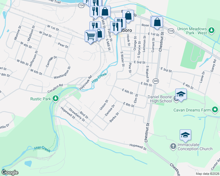 map of restaurants, bars, coffee shops, grocery stores, and more near 371 Drew Court in Birdsboro