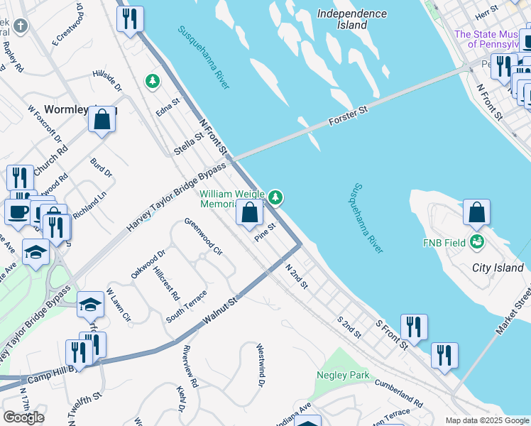map of restaurants, bars, coffee shops, grocery stores, and more near 314 North Front Street in Wormleysburg
