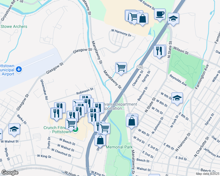 map of restaurants, bars, coffee shops, grocery stores, and more near 501 Manatawny Street in Pottstown