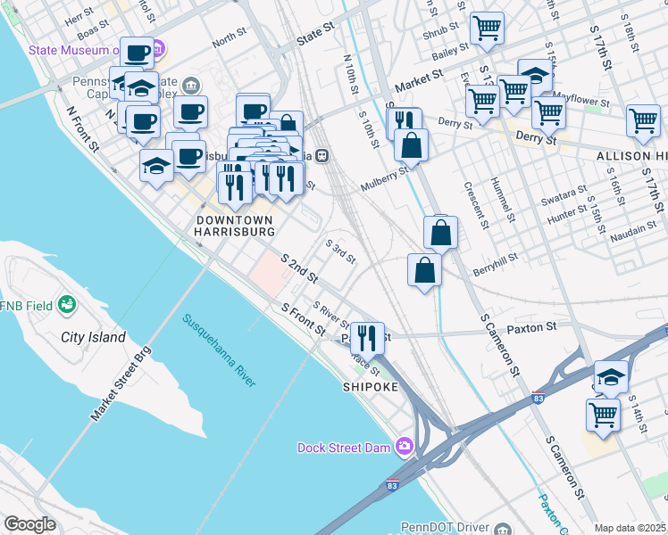 map of restaurants, bars, coffee shops, grocery stores, and more near 312 South 3rd Street in Harrisburg