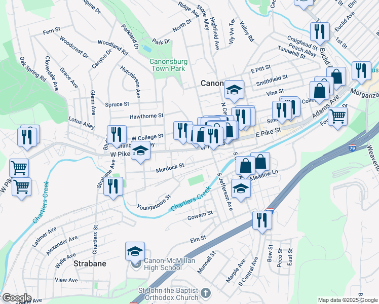 map of restaurants, bars, coffee shops, grocery stores, and more near 148 West Pike Street in Canonsburg