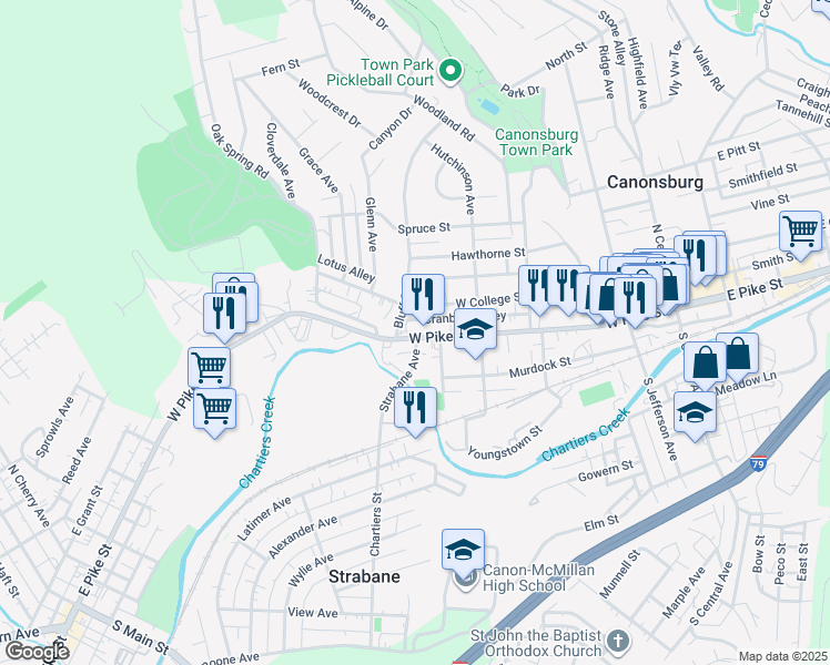 map of restaurants, bars, coffee shops, grocery stores, and more near 334 Cranberry Alley in Canonsburg