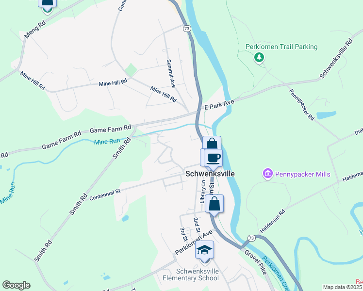 map of restaurants, bars, coffee shops, grocery stores, and more near 3532 Forest Lane in Schwenksville