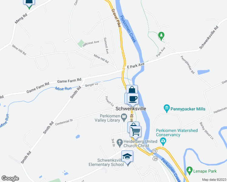 map of restaurants, bars, coffee shops, grocery stores, and more near 2533 Forest Lane in Schwenksville
