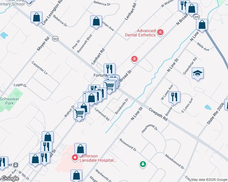 map of restaurants, bars, coffee shops, grocery stores, and more near 1856 North Broad Street in Lansdale