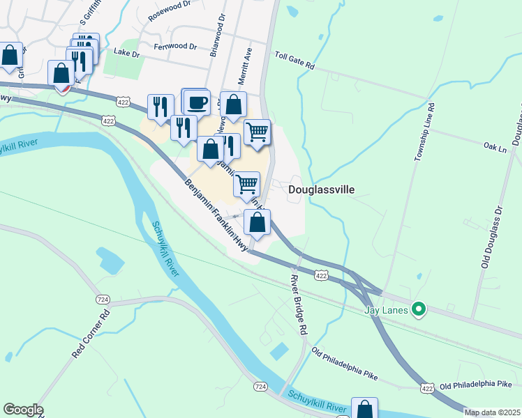 map of restaurants, bars, coffee shops, grocery stores, and more near U.S. 422 in Douglassville