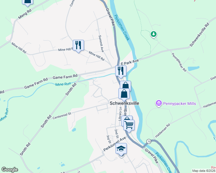 map of restaurants, bars, coffee shops, grocery stores, and more near 2132 Forest Lane in Schwenksville