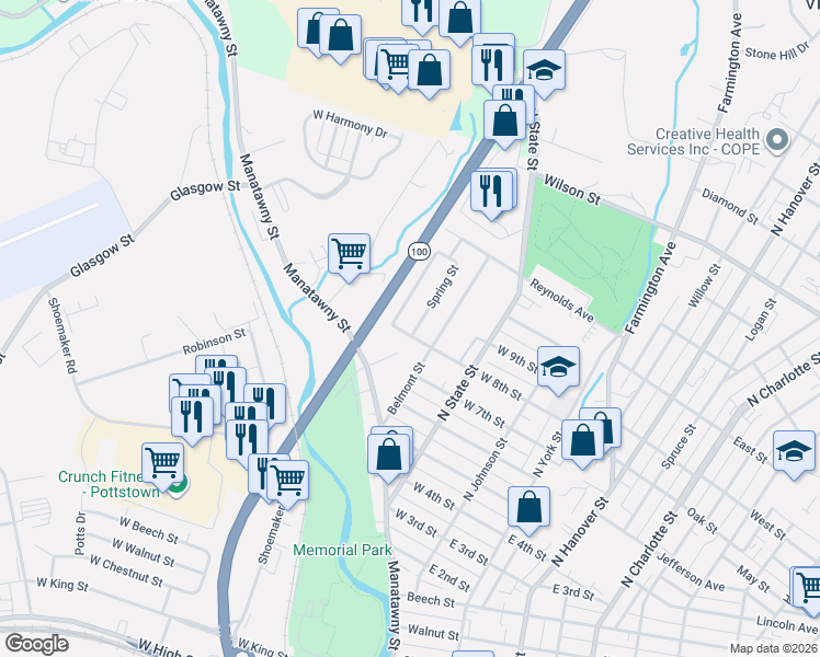 map of restaurants, bars, coffee shops, grocery stores, and more near 451 Spring Street in Pottstown