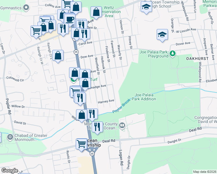 map of restaurants, bars, coffee shops, grocery stores, and more near 1701 Holbrook Street in Monmouth County