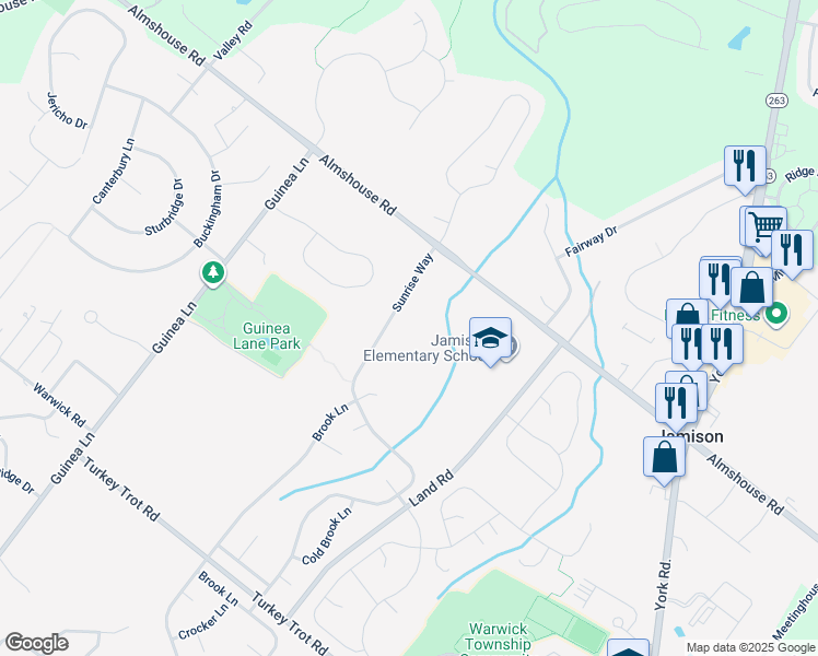 map of restaurants, bars, coffee shops, grocery stores, and more near 2135 Sunrise Way in Jamison