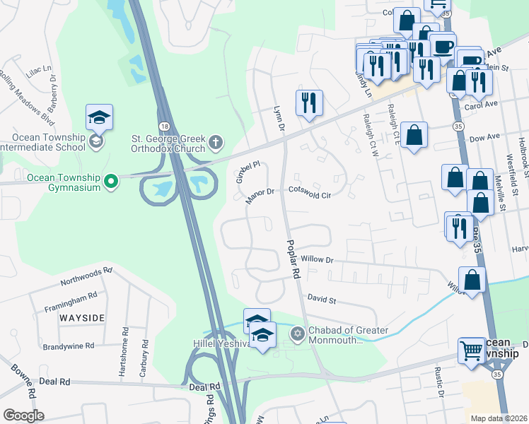 map of restaurants, bars, coffee shops, grocery stores, and more near 33 Old Orchard Lane in Monmouth County