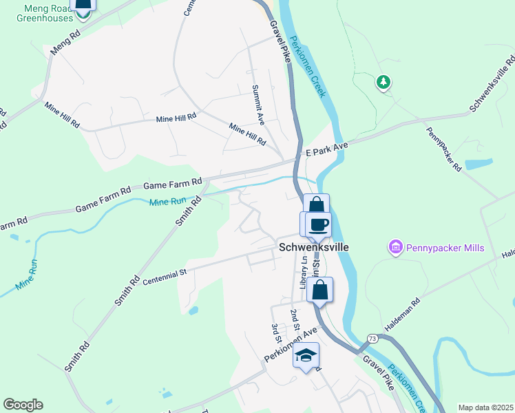 map of restaurants, bars, coffee shops, grocery stores, and more near 30 Berger Lane in Schwenksville