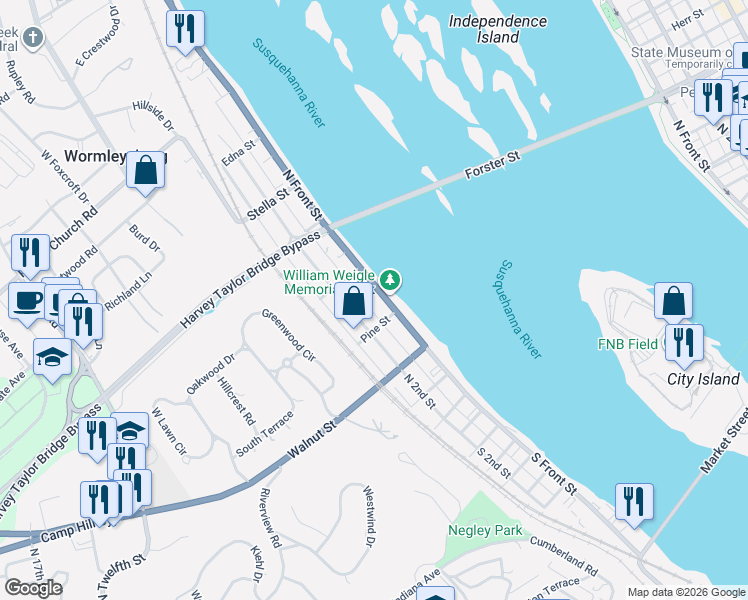 map of restaurants, bars, coffee shops, grocery stores, and more near 340 North Front Street in Wormleysburg