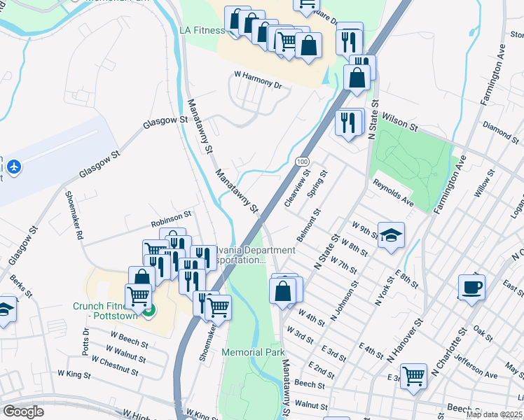 map of restaurants, bars, coffee shops, grocery stores, and more near 482 Manatawny Street in Pottstown