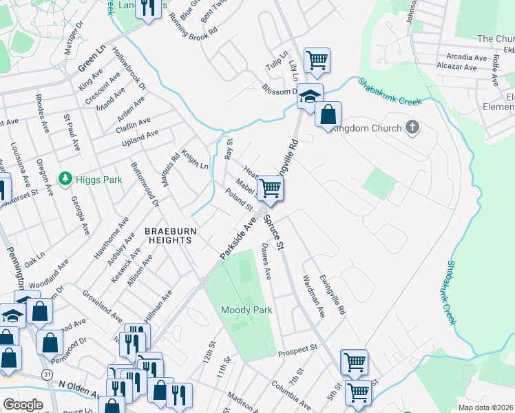 map of restaurants, bars, coffee shops, grocery stores, and more near 15 Mabel Street in Trenton
