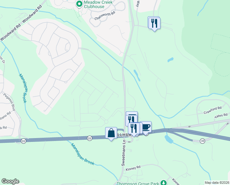 map of restaurants, bars, coffee shops, grocery stores, and more near Cannonero Boulevard in Manalapan Township