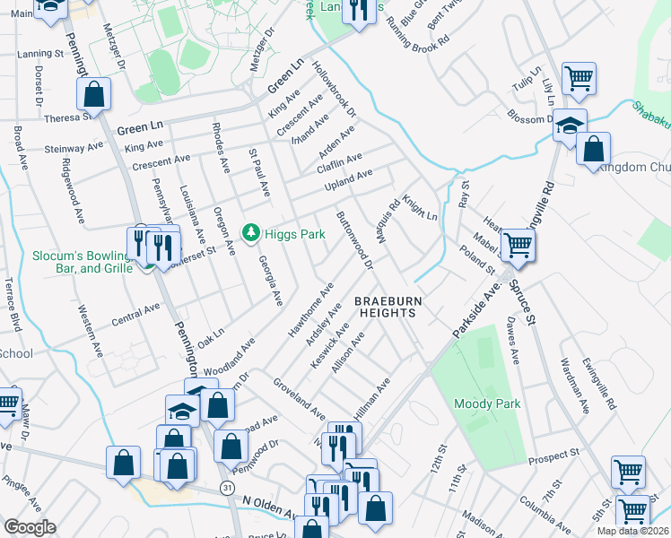 map of restaurants, bars, coffee shops, grocery stores, and more near 140 Hawthorne Avenue in Ewing Township