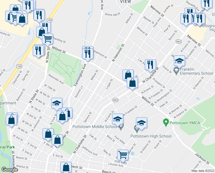map of restaurants, bars, coffee shops, grocery stores, and more near 746 Logan Street in Pottstown