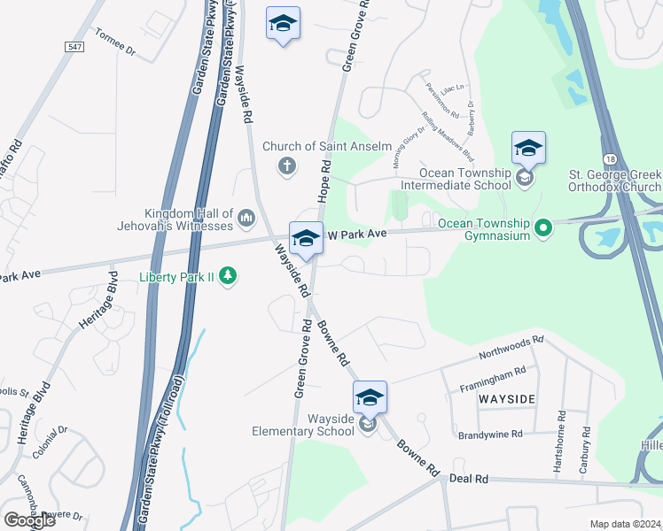map of restaurants, bars, coffee shops, grocery stores, and more near 3 Enclave Way in Monmouth County