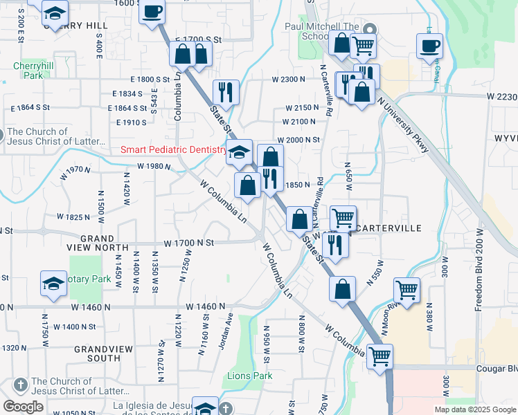 map of restaurants, bars, coffee shops, grocery stores, and more near 1841 North State Street in Provo