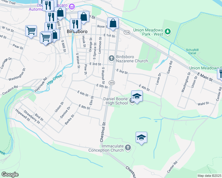 map of restaurants, bars, coffee shops, grocery stores, and more near 501 Chestnut Street in Birdsboro