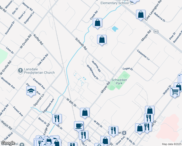map of restaurants, bars, coffee shops, grocery stores, and more near 896 Wedgewood Drive in Lansdale