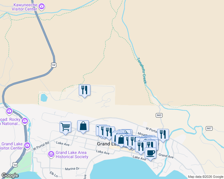map of restaurants, bars, coffee shops, grocery stores, and more near 530890 Old Tonahutu Ridge Road in Grand Lake