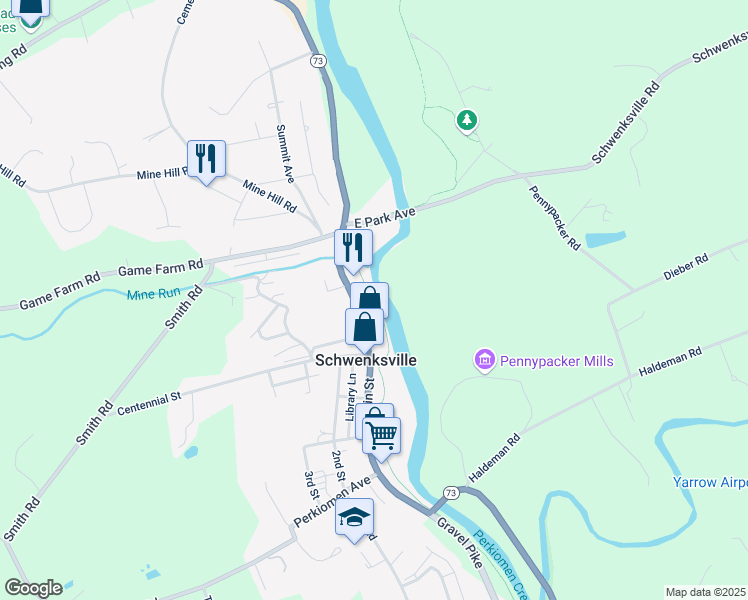 map of restaurants, bars, coffee shops, grocery stores, and more near 1188 Gravel Pike in Schwenksville