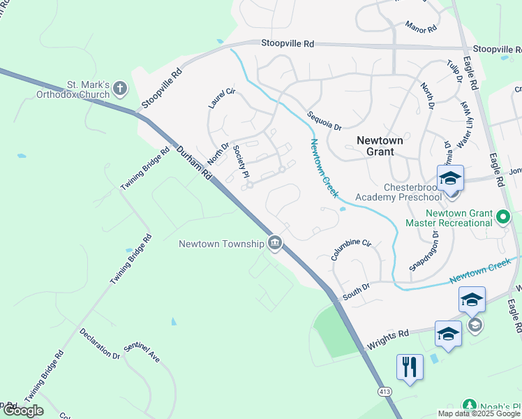 map of restaurants, bars, coffee shops, grocery stores, and more near 25 Rittenhouse Circle in Newtown