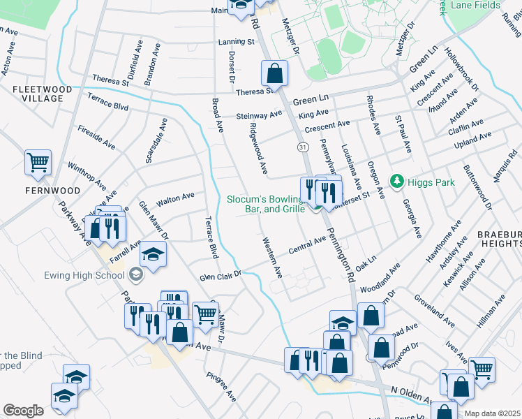 map of restaurants, bars, coffee shops, grocery stores, and more near 44 Brenwal Avenue in Ewing Township