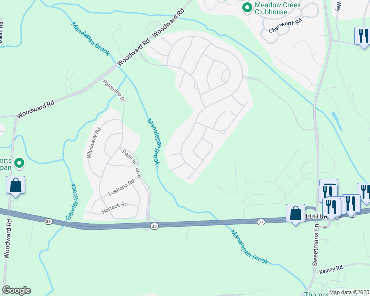 map of restaurants, bars, coffee shops, grocery stores, and more near 184 Wintergreen Drive in Manalapan Township