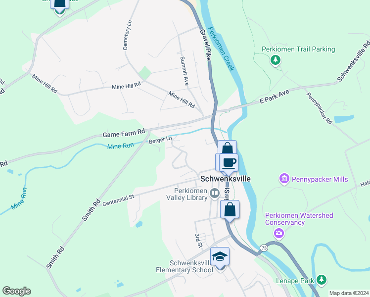 map of restaurants, bars, coffee shops, grocery stores, and more near 30 Berger Lane in Schwenksville